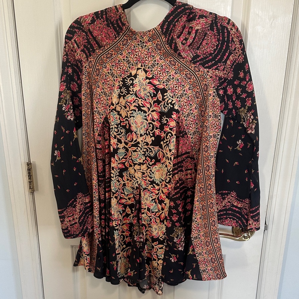 Free People Black and Pink Floral Blouse